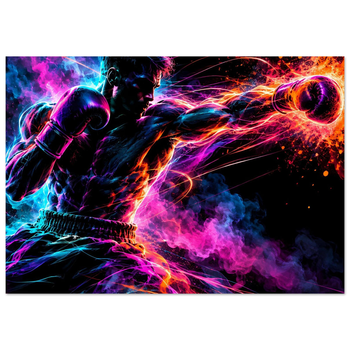 Neon-Boxer-Poster im Querformat mit schwarzem Rand: leuchtender Boxerkopf, Energieblitze und Rauch.