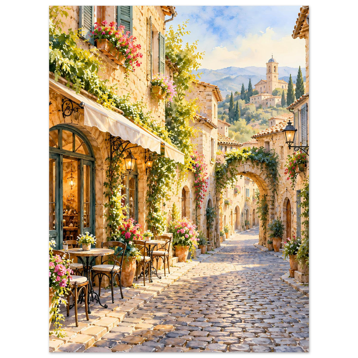 Poster mit mediterraner Dorfstraße, Steinpflaster, Blumen und Blick auf Kirchturm