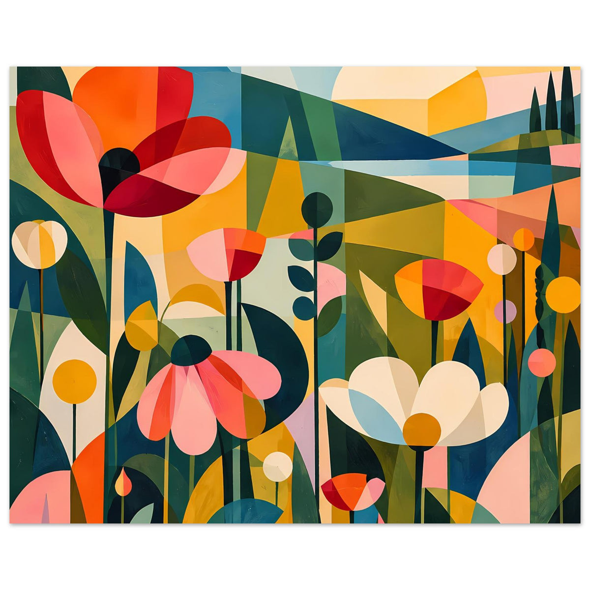 Abstraktes Blumenposter mit großen roten Blüten, gelben Kreisen und grünen Wellenflächen