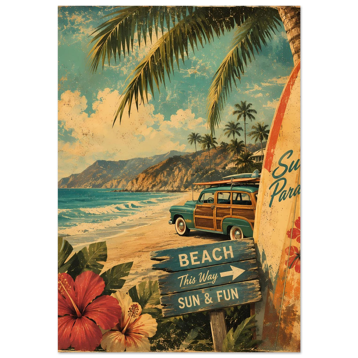 Vintage-Poster mit Strandlandschaft, Palmen, Surfbord rechts und Van neben „BEACH“