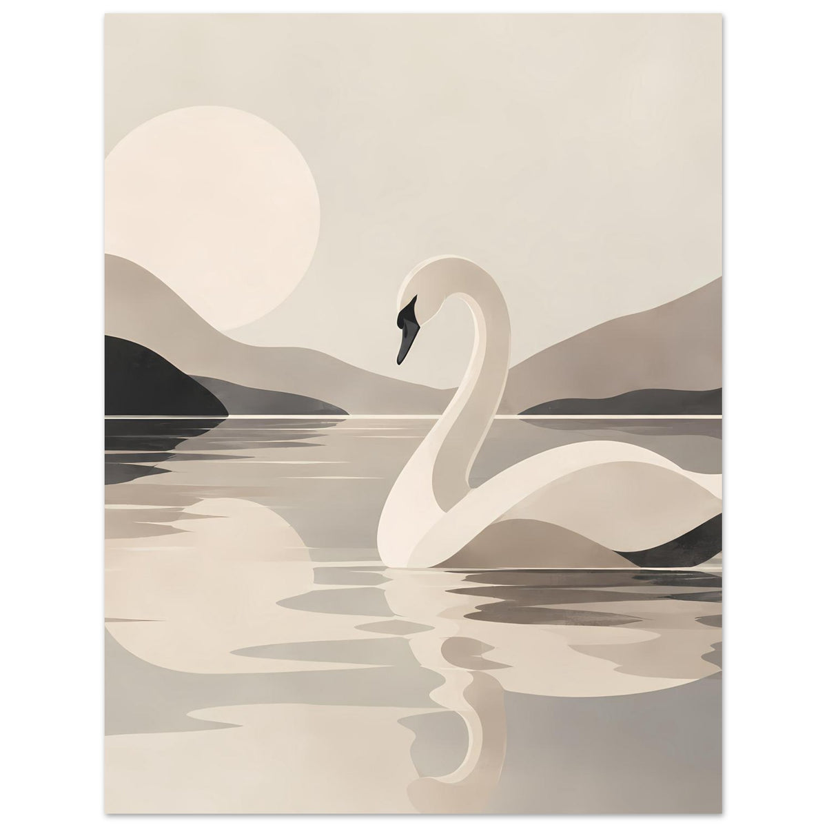 Kunstposter mit Schwan auf Wasser, weichen Hügeln und großer Kreis-Sonne im Hintergrund.