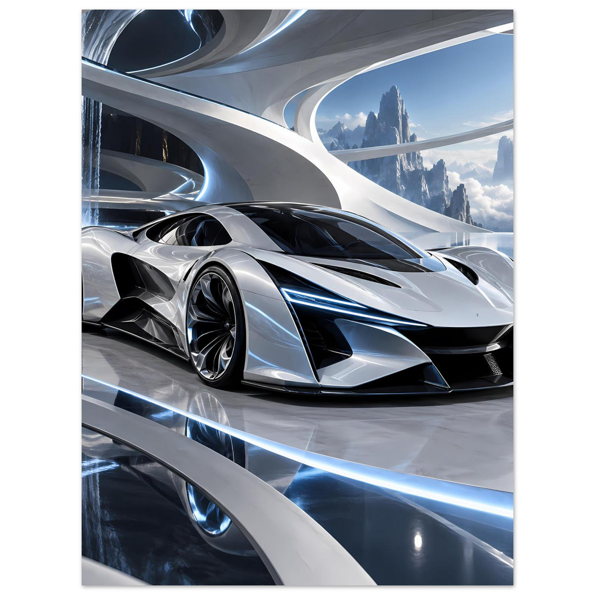 Futuristisches Auto-Poster: silberner Supersportwagen, schwarze Frontspoiler, blaue Lichtreflexe