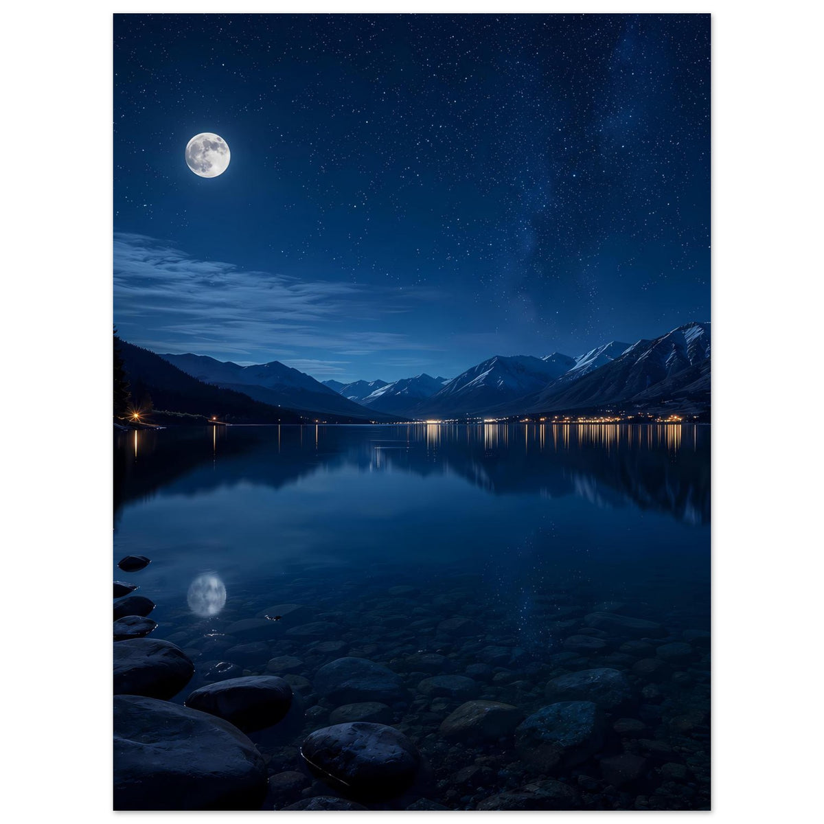 Poster: nächtliches Motiv mit Mond, Bergsee und sternklarem Himmel