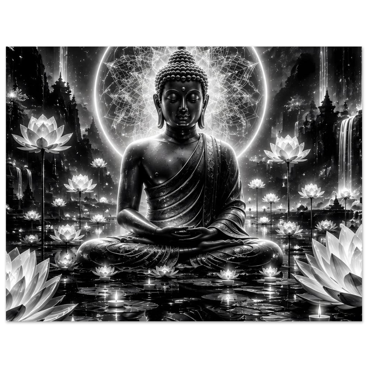 Buddha-Poster: sitzender Buddha in Schwarzweiß mit leuchtendem Kreis und Lotusblüten