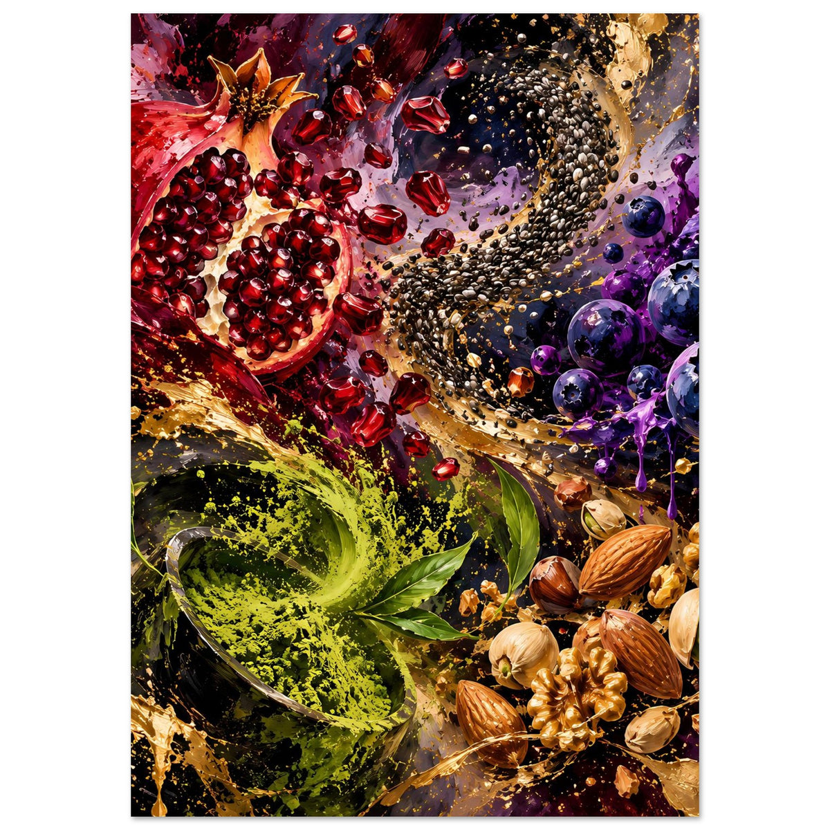 Poster mit Granatapfel und Blaubeeren, grüner Blattspirale und goldenen Krümeln