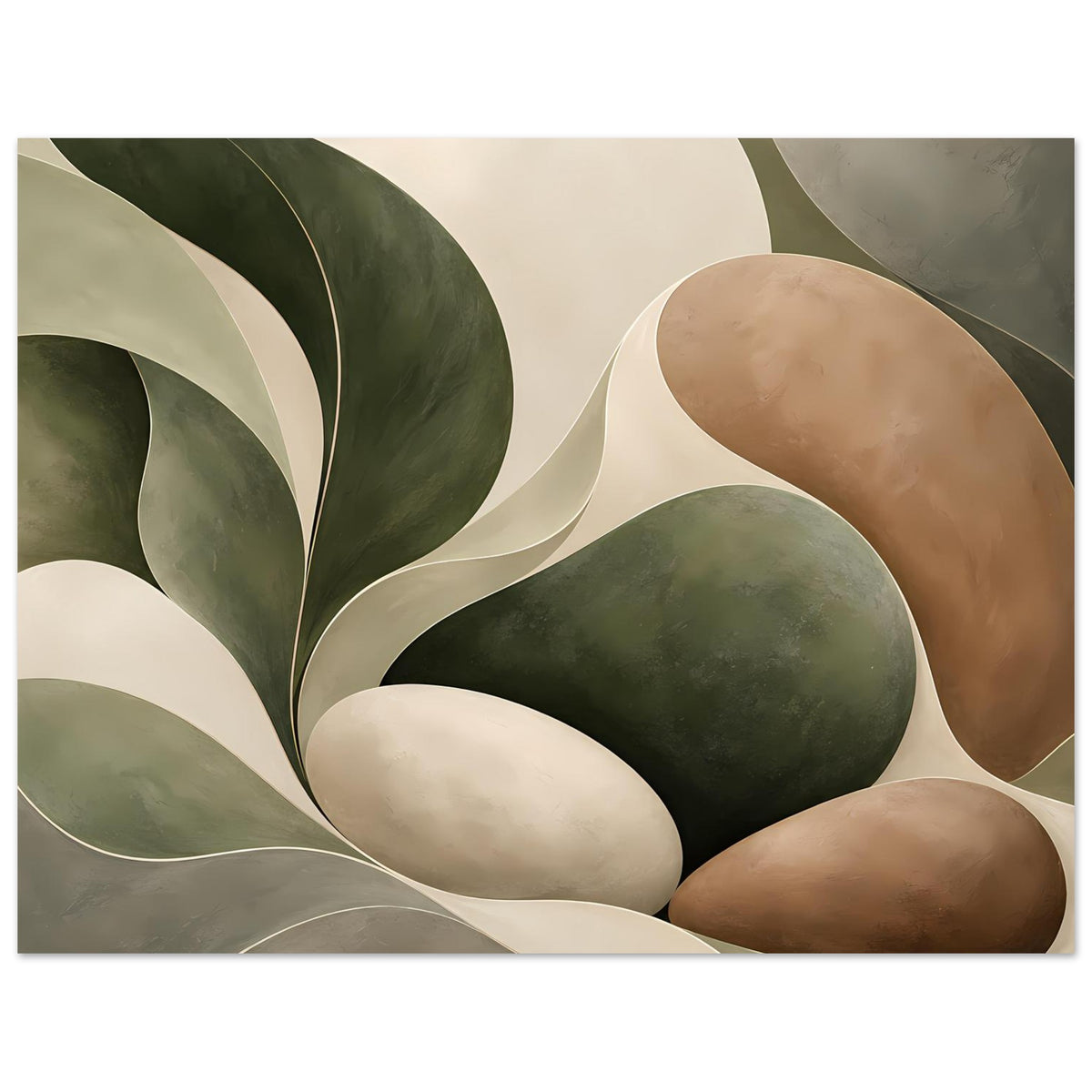 Abstraktes Naturwellen-Poster, horizontal mit großen Ovalformen in Grün, Beige und Braun