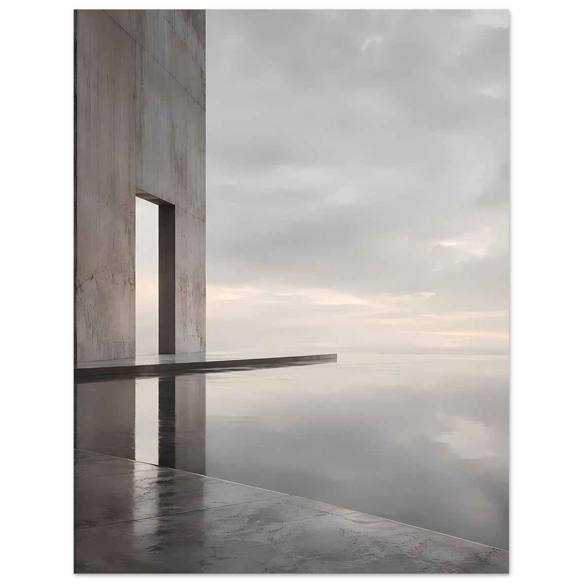 Architekturposter Querformat mit Betonbau und sanften Wolken, Spiegelung auf ruhiger Wasseroberfläche