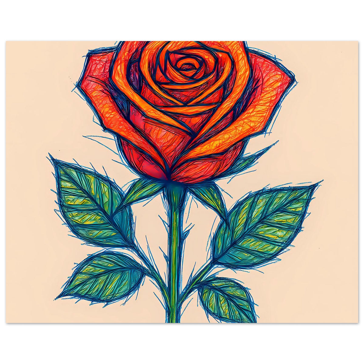 Rosenposter im Sketch-Stil, quer zugeschnitten: orange-rote Rose und grüne Blattdetails