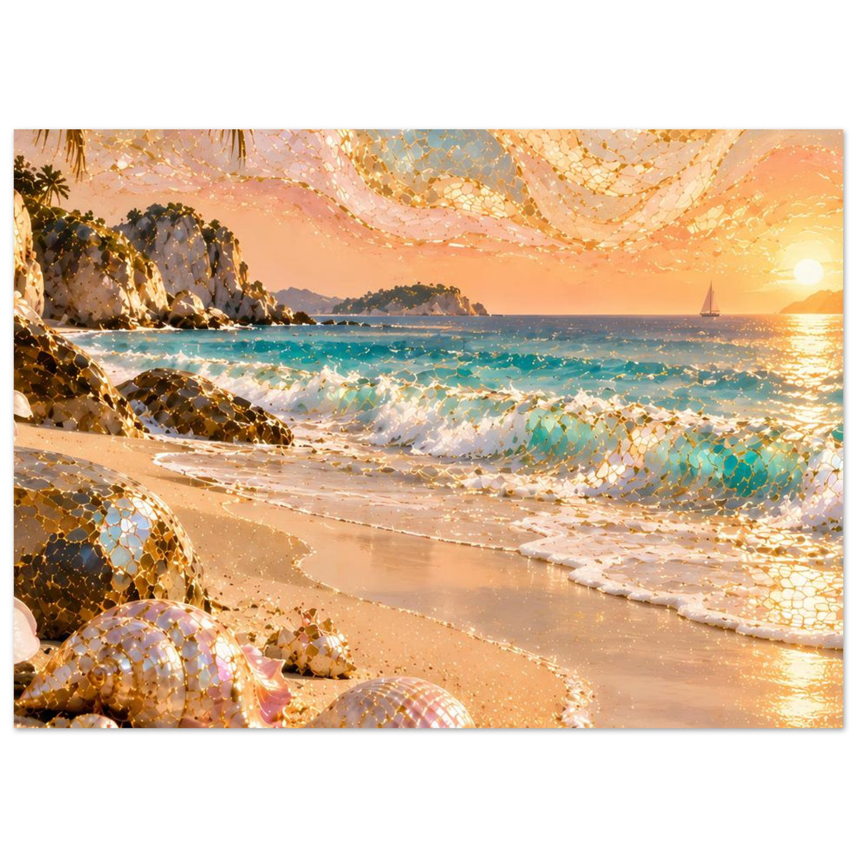 Strandposter im Querformat: türkisfarbene Wellen, Sand und goldene Mosaikpunkte im Motiv