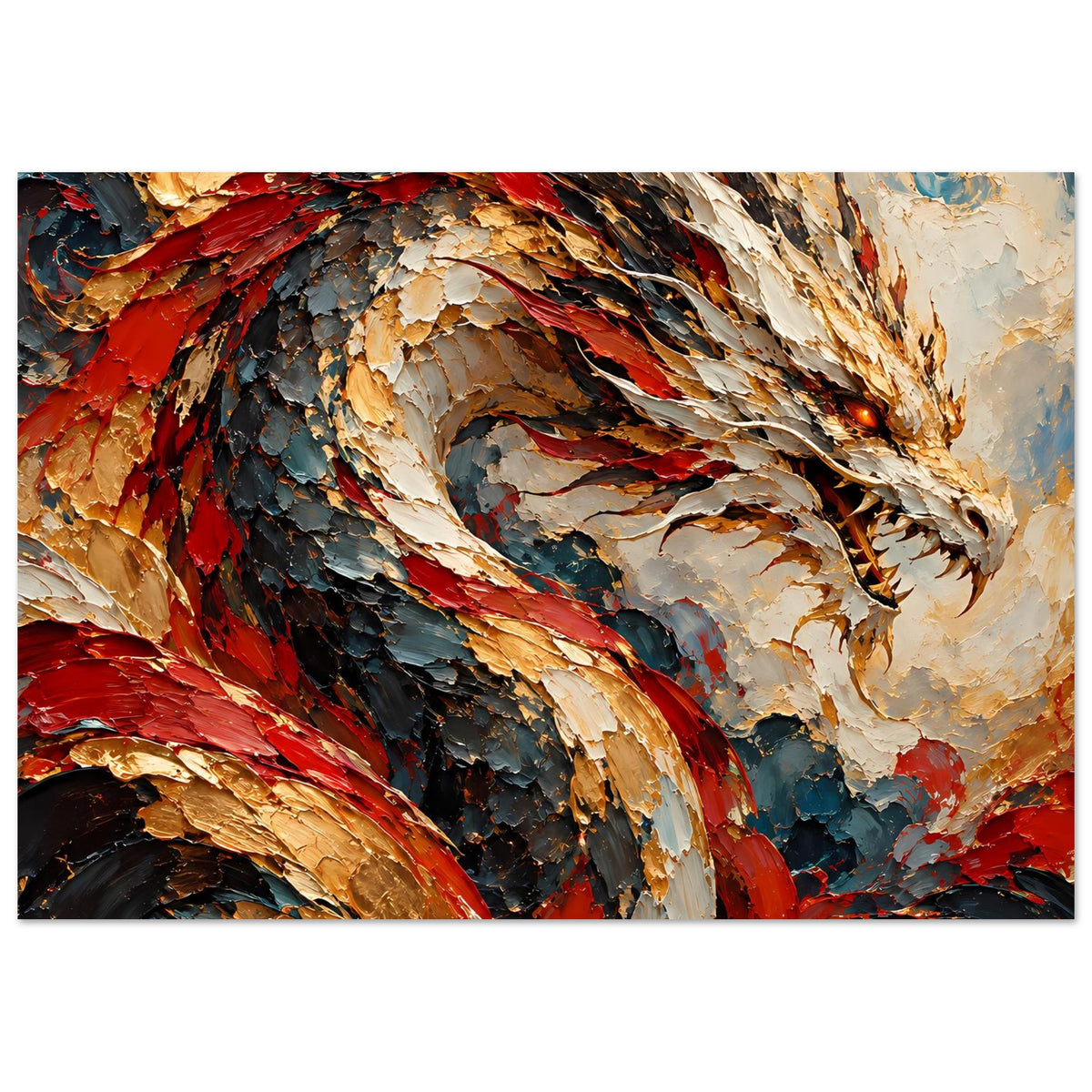 Fantasy-Poster: Drachenkopf im Fokus, Flügel in Rot-Gold und Blau, strukturiertes Bild