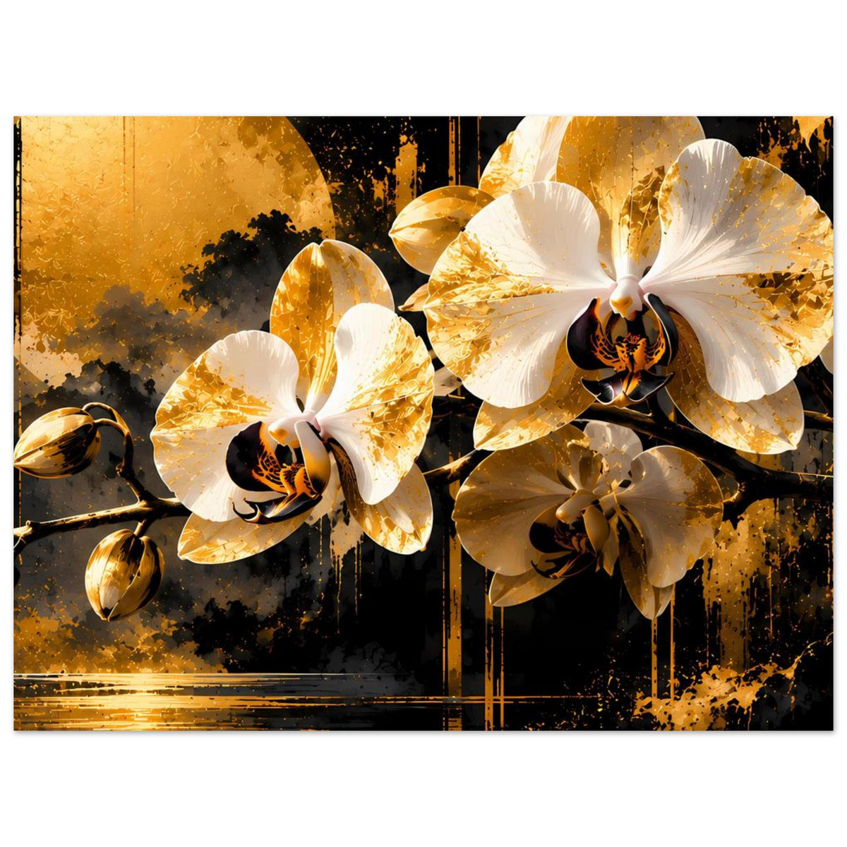 Blumenposter mit gold-weißen Orchideenblüten, dunklem Hintergrund und goldenen Streifen unten