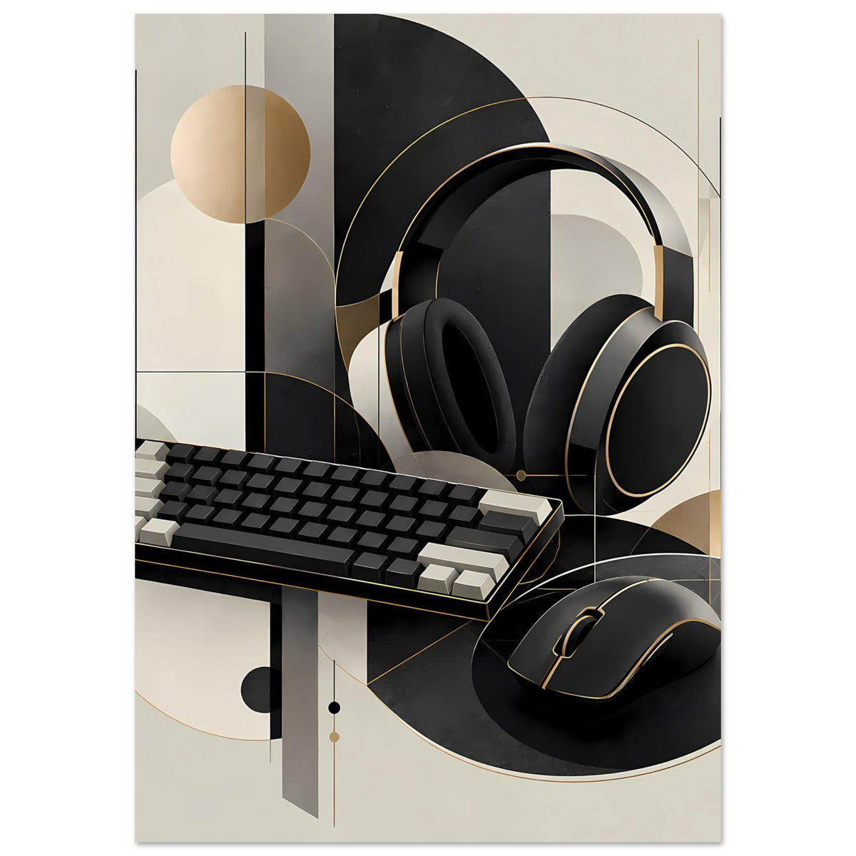Gaming-Poster im Hochformat mit Headset, Keyboard und Maus, geometrische Details in Gold