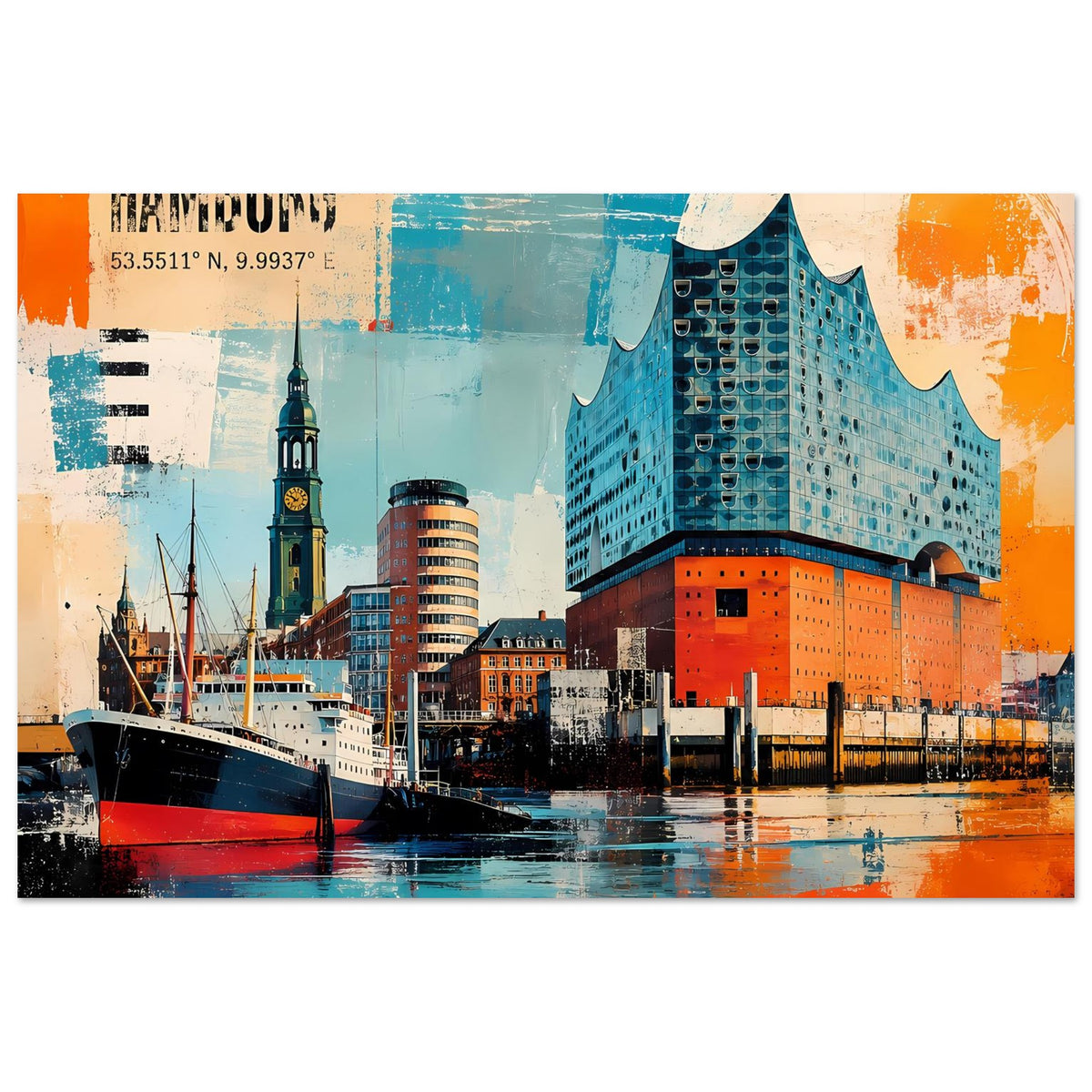Poster mit Hamburger Hafen und Elbphilharmonie, türkis-orange Farbcollage, Querformat
