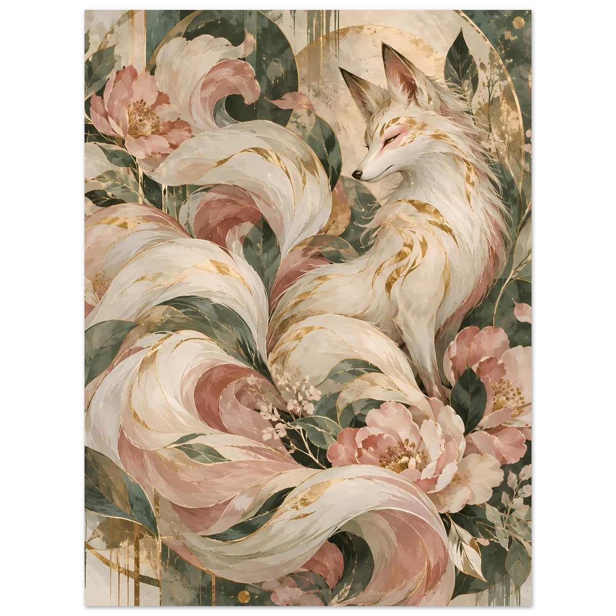 Hochkant-Poster mit weißem Fuchs, rosa Blüten und floralen Federn in Goldtönen