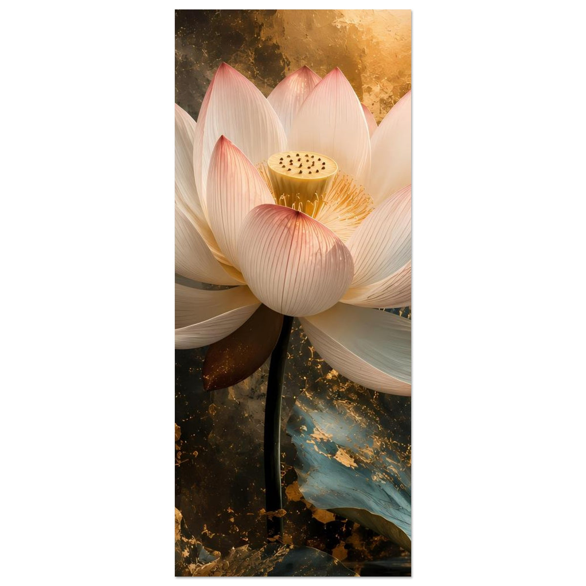 Schmales Hochformat-Poster mit weißer Lotusblüte und goldener Blütenmitte