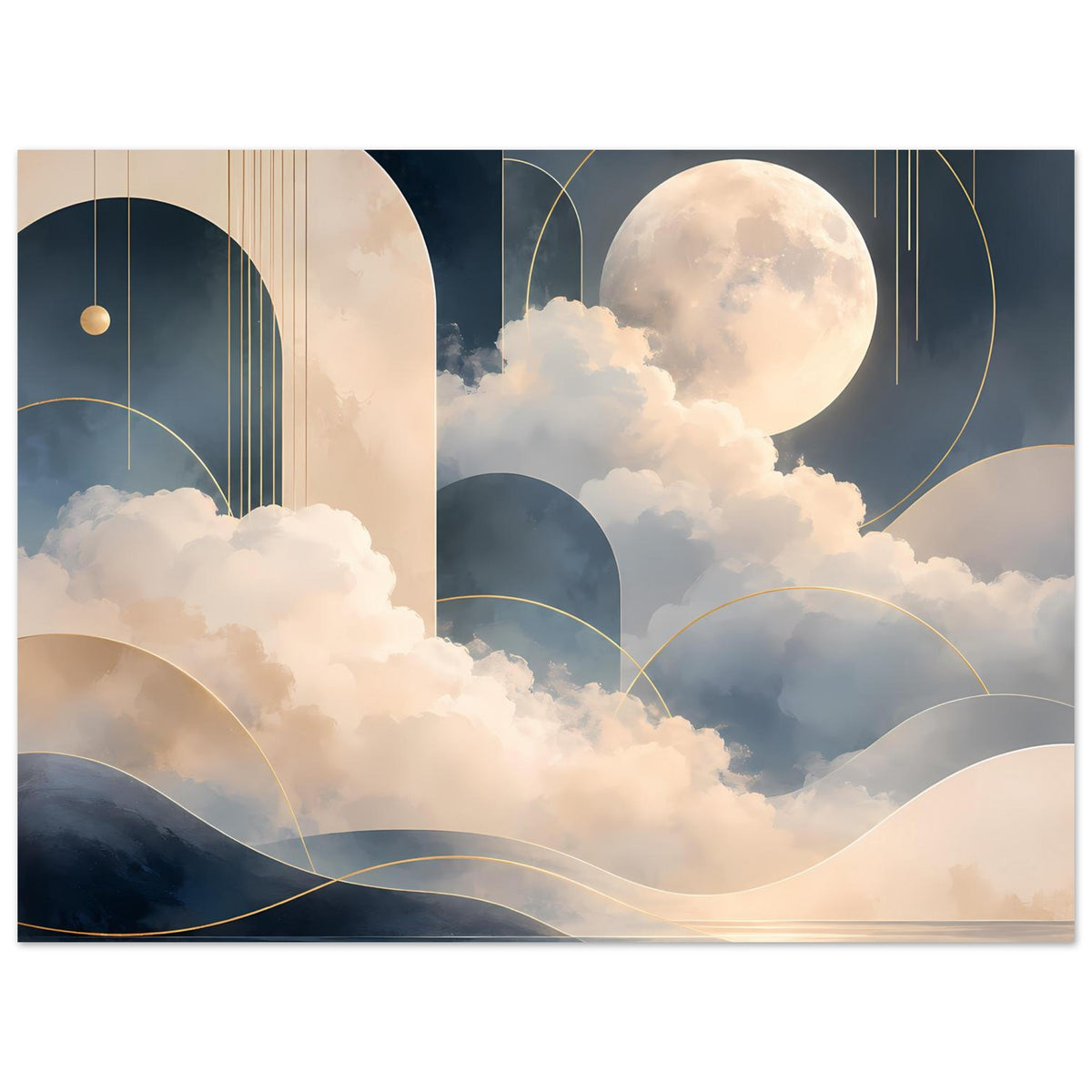 Mondlandschaft-Poster mit großem Mond, Wolken und goldenen Kreisbögen, Panoramaansicht