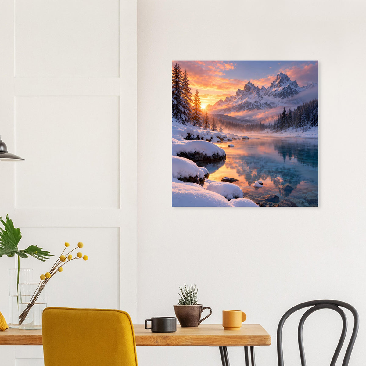 Winterlandschafts-Poster mit verschneiten Feldern, Sonnenaufgang und ruhigem Gewässer