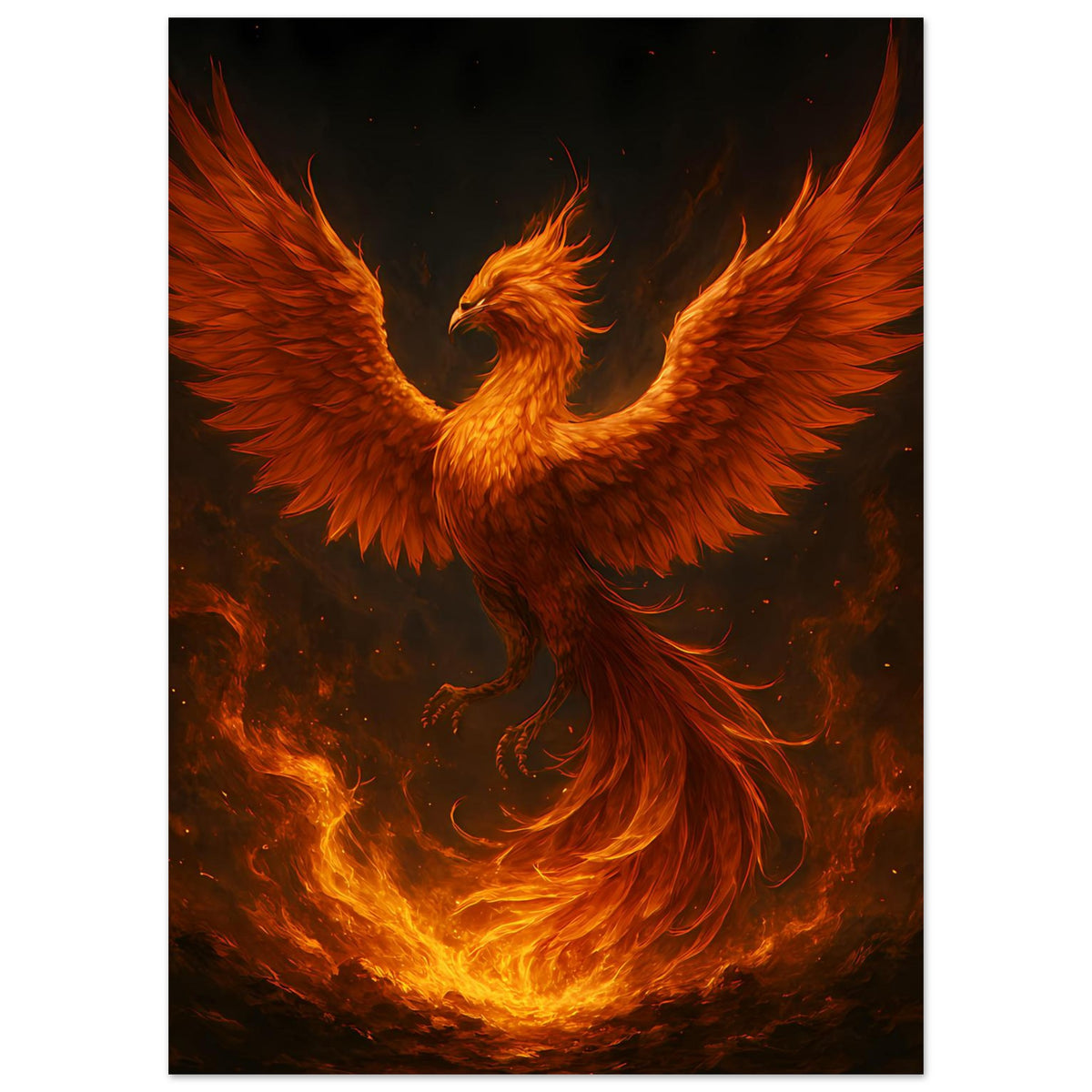 Poster mit Phönix in feurigen Farben: leuchtender Brustbereich und ausladende Flügel