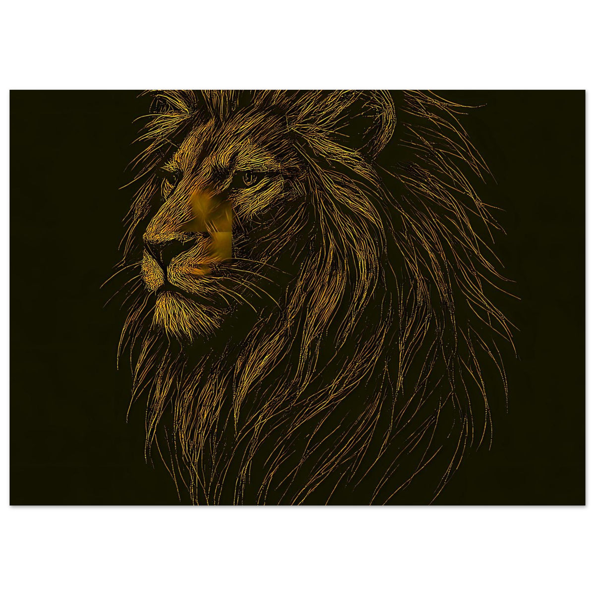 Löwenposter (Querformat) mit goldfarbenem Löwenkopf im Seitenprofil, markante Mähnenlinien