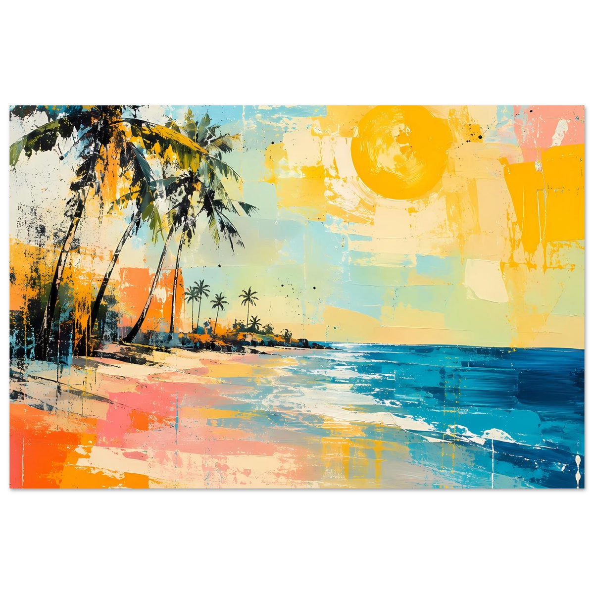 Tropisches Strandposter im Querformat, abstrakter Strand mit Palmen, Meer und gelber Sonne
