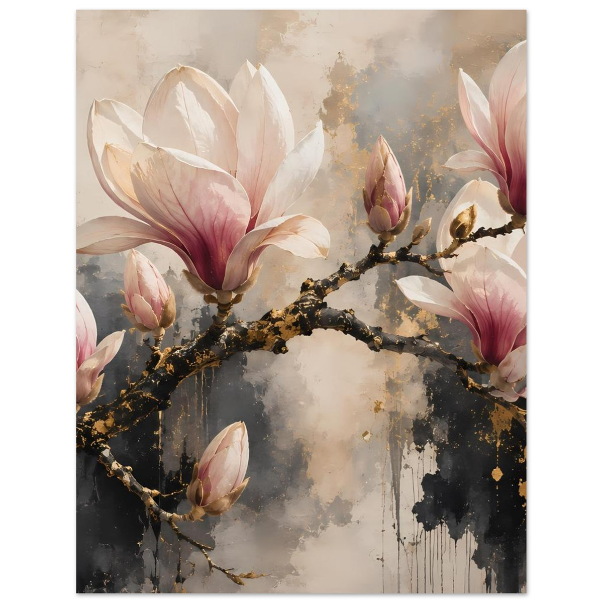 Vertikales Poster mit Magnolienblüten, goldfarbenen Ästen und hellen Rosa-Tönen
