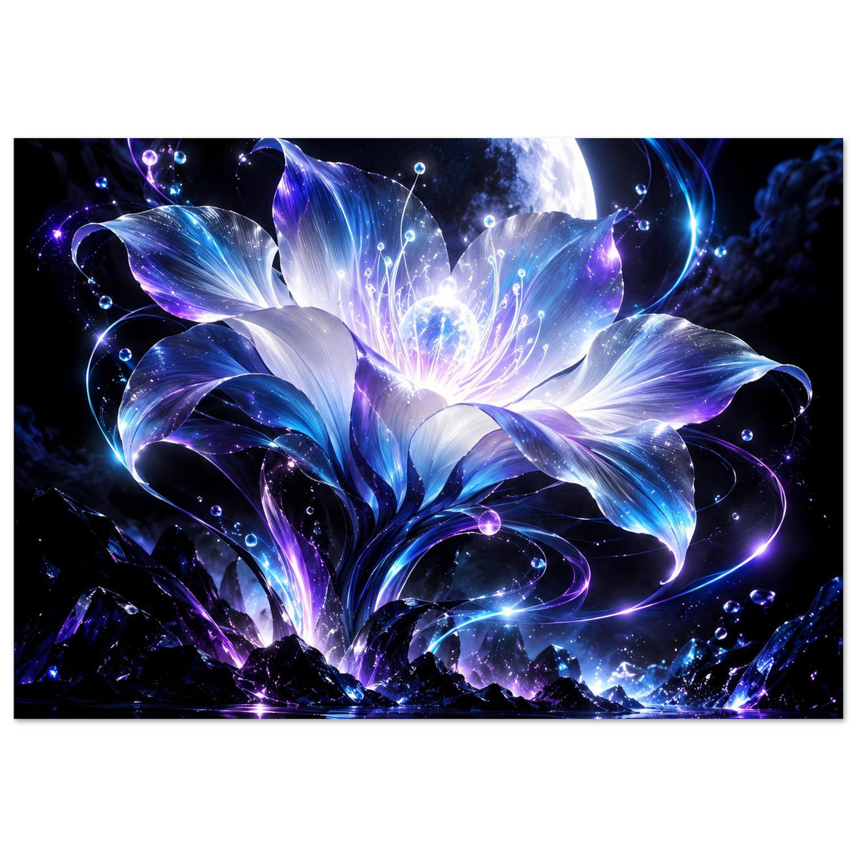 Gerahmtes Poster mit leuchtender Blüte, violetten Highlights und Mondsilhouette im All-Look