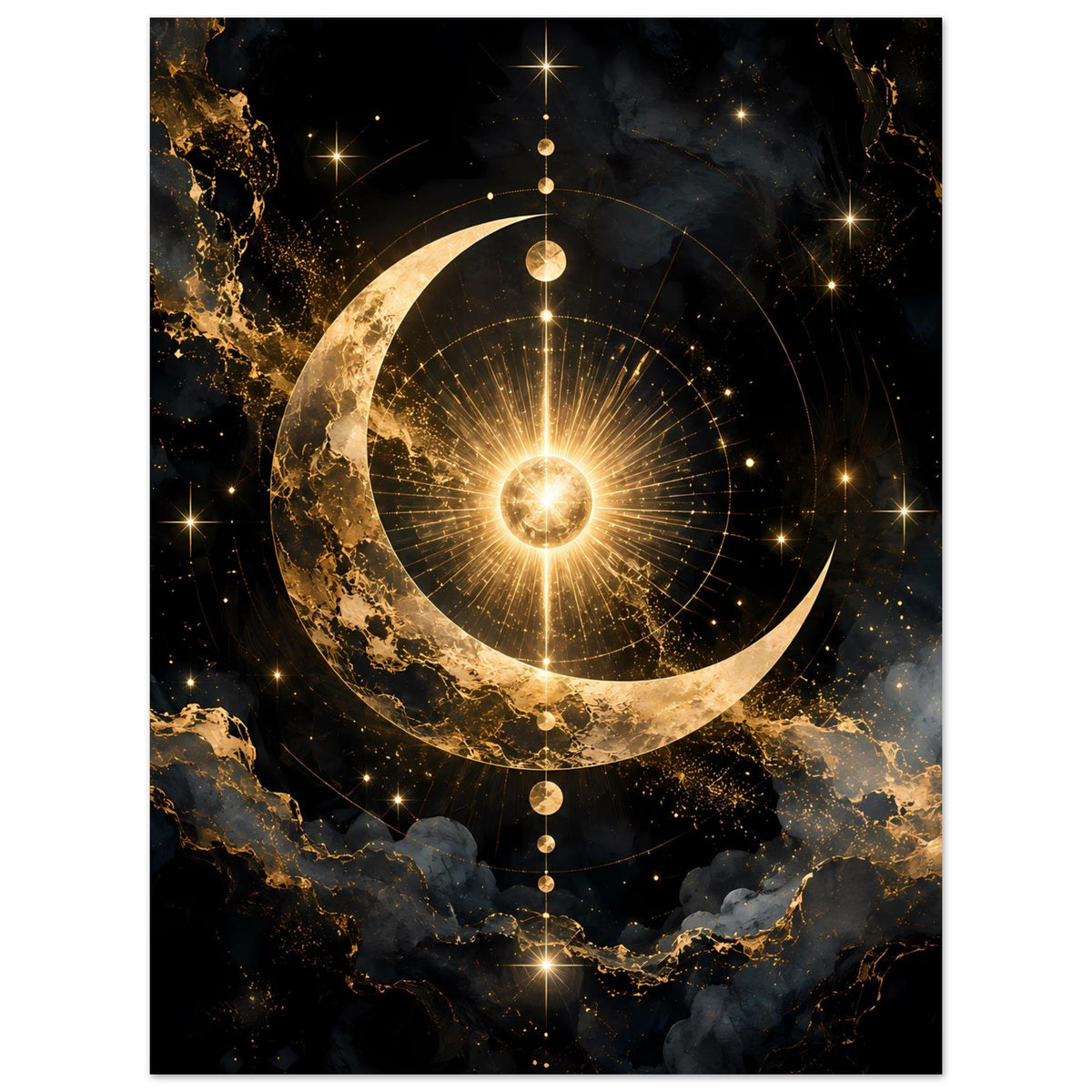 Vertikales Poster mit goldenem Mond, Sternen und Strahlenringe, dunkel-goldenes Design
