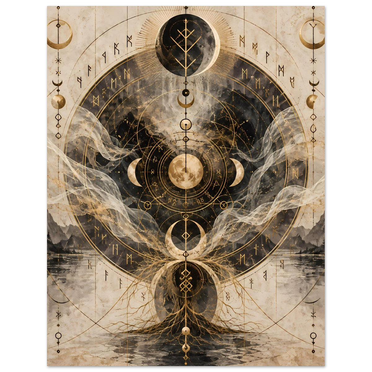 Poster mit symmetrischem Mondkreis, goldenen Verzierungen und ruhigem Nebelmotiv