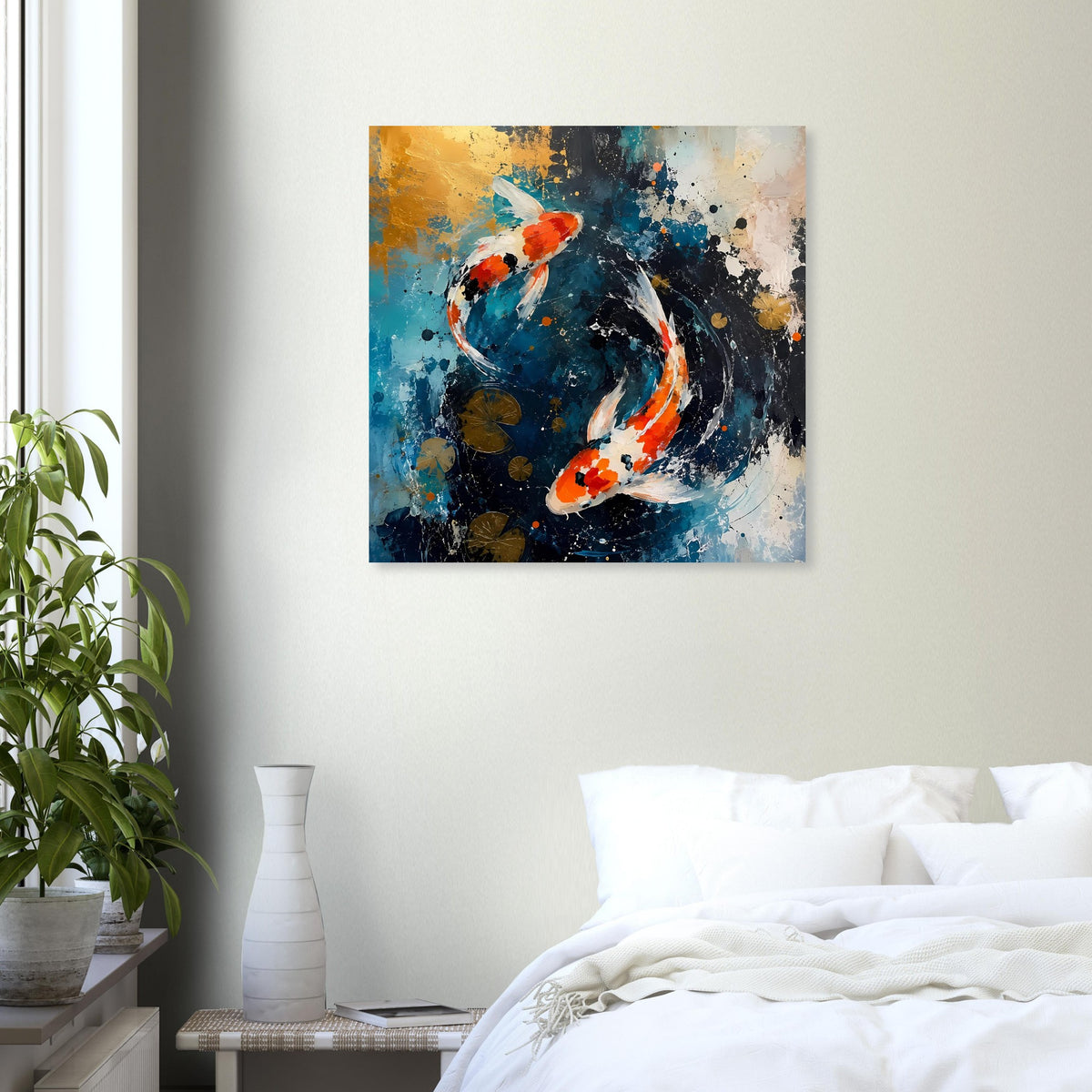 Abstraktes Koi-Poster im Querformat, zwei Fische im Farbstrudel, blau, orange und Weiß
