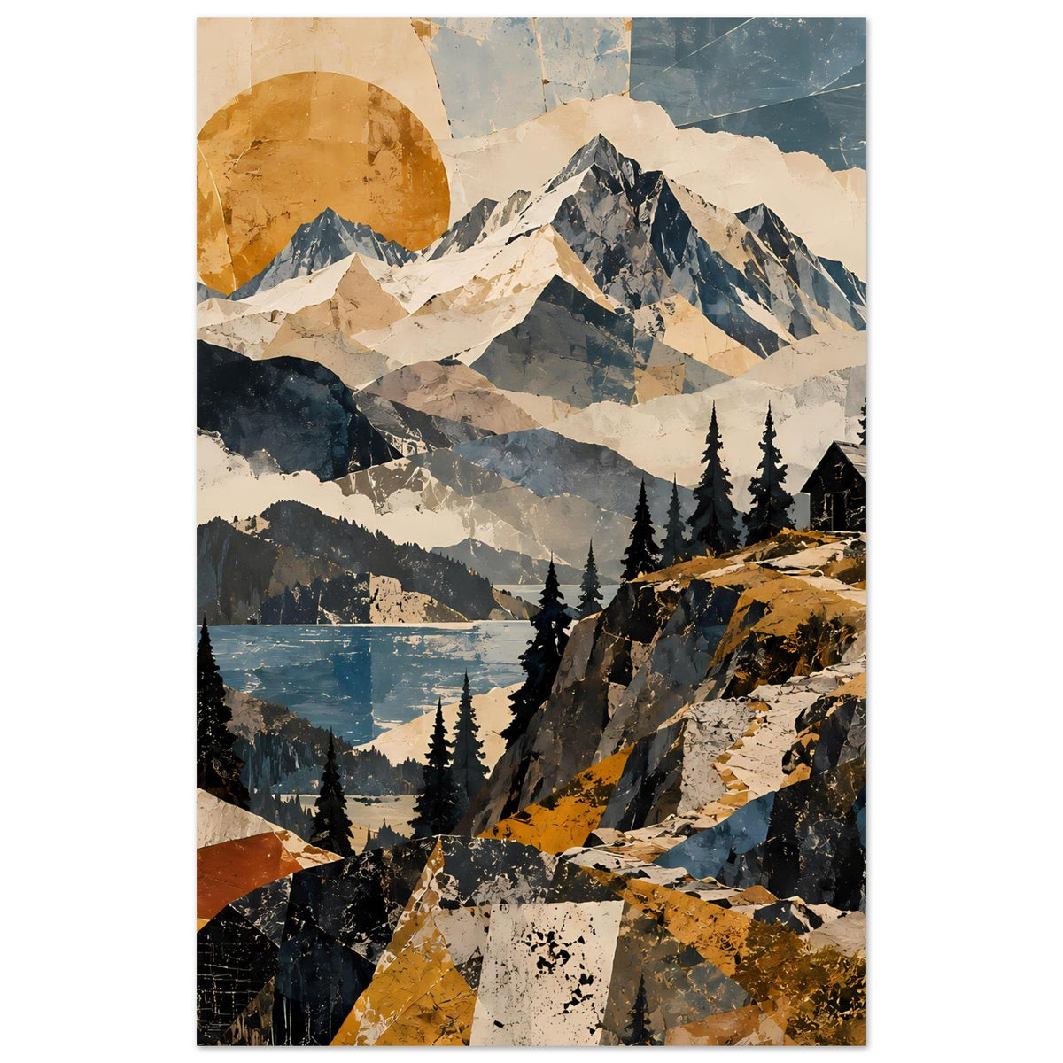 Naturposter: Berggipfel und Tannenwald über blauem See, mit Sonnenkreis im Himmel