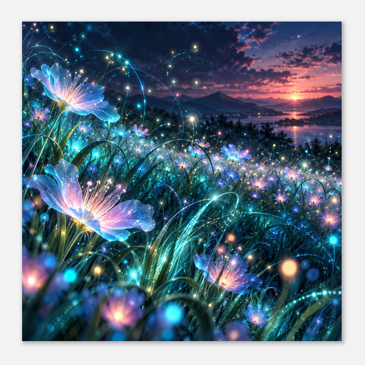 Poster mit leuchtenden Blüten und funkelnden Glaskugel-Lichtern, Sonnenuntergang im Hintergrund