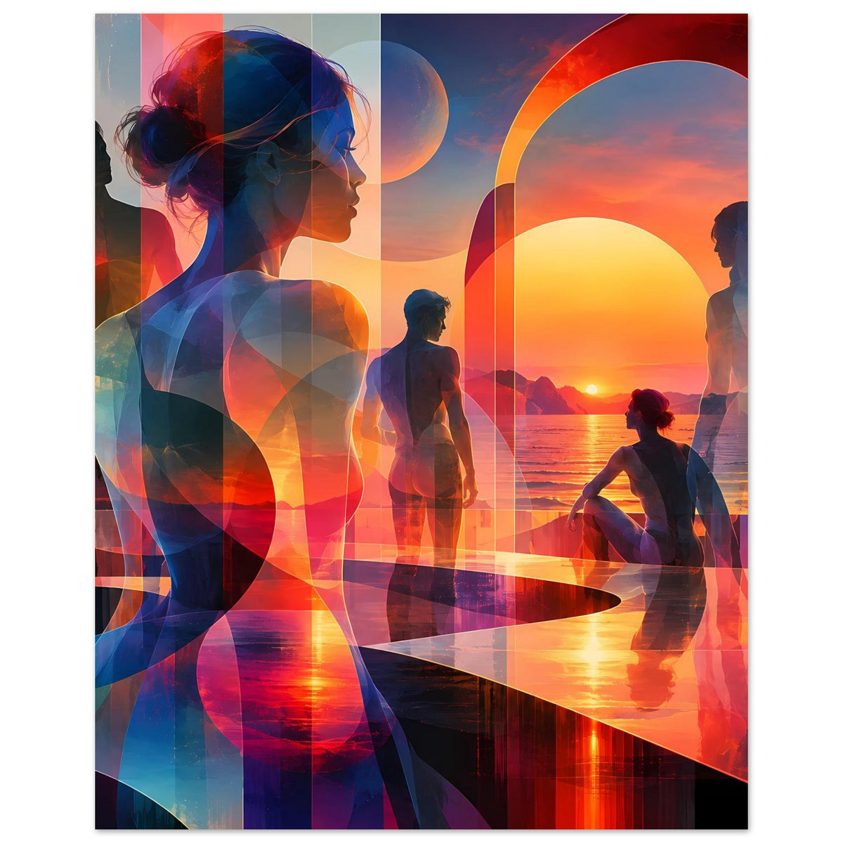 Hochformatiges Kunstposter mit abstraktem Sonnenuntergang in Orange und Blau, Silhouetten vor dem Meer