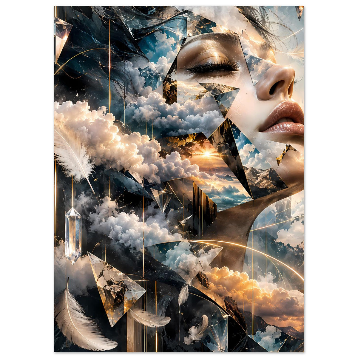 Surrealistisches Poster mit Frauenprofil und goldenen Akzenten über Wolken und Kristallen