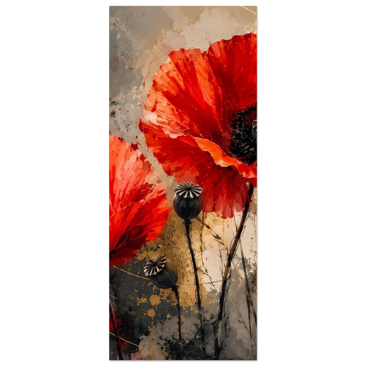 Vertikales Kunstposter mit roten Mohnblumen und schwarzen Blütenkernen, angeschnitten