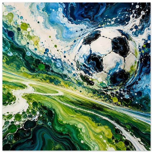 Abstraktes Fußballkunst-Poster mit weißem, blauem und grünem Farbspritzmotiv, Rundball