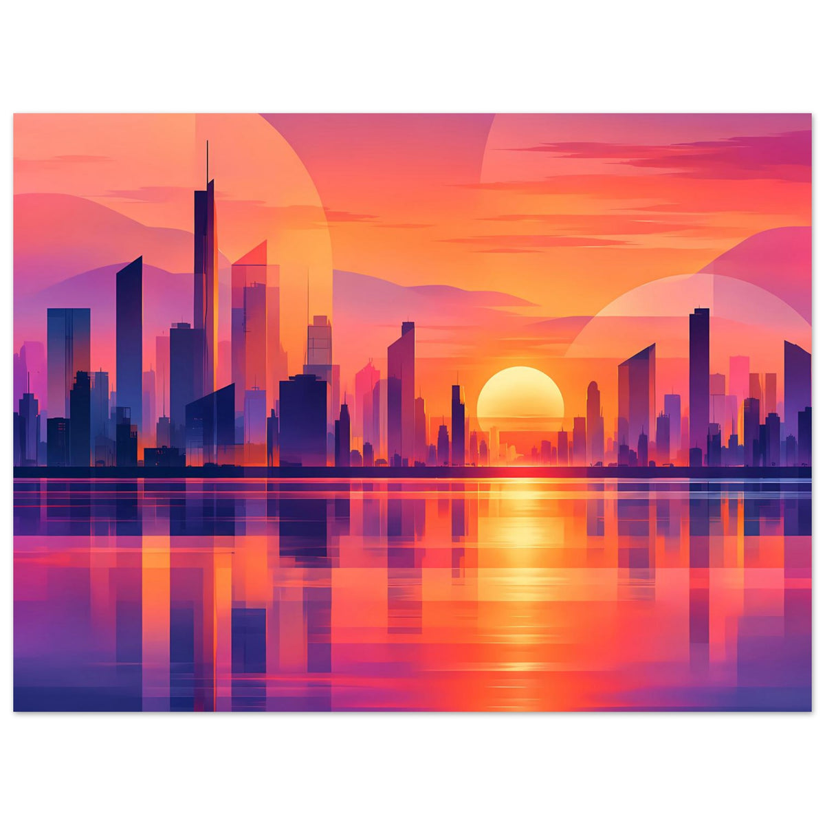 Horizontaler Stadtposter: Neon-Skyline vor orange-pinkem Sonnenuntergang mit Wasserreflexion.