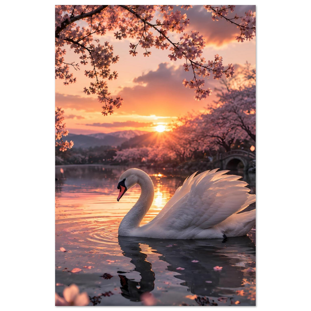 Hochformatiges Poster mit weißem Schwan im See bei Sonnenuntergang, Äste mit Blüten