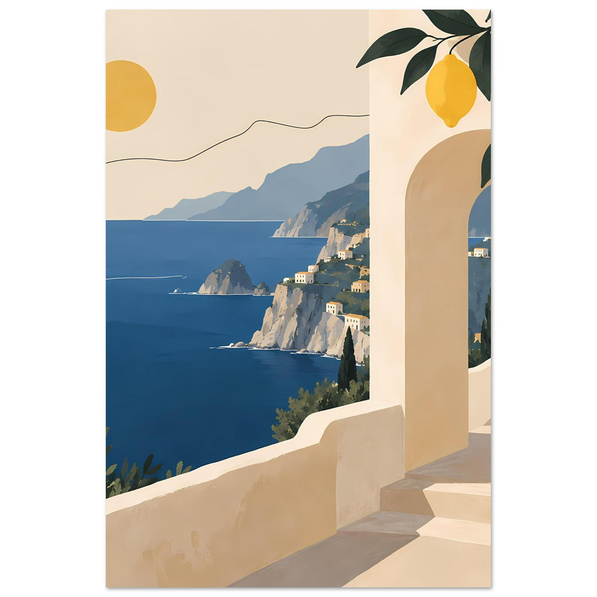 Mediterranes Landschaftsposter mit Meer, Bergen und Balkonbogen mit gelben Zitronen