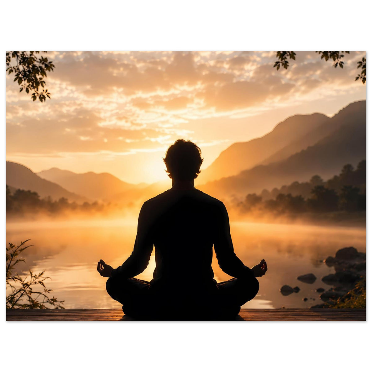 Meditationsposter Hochformat: Meditierende Silhouette, Sonnenaufgang über See und Berge