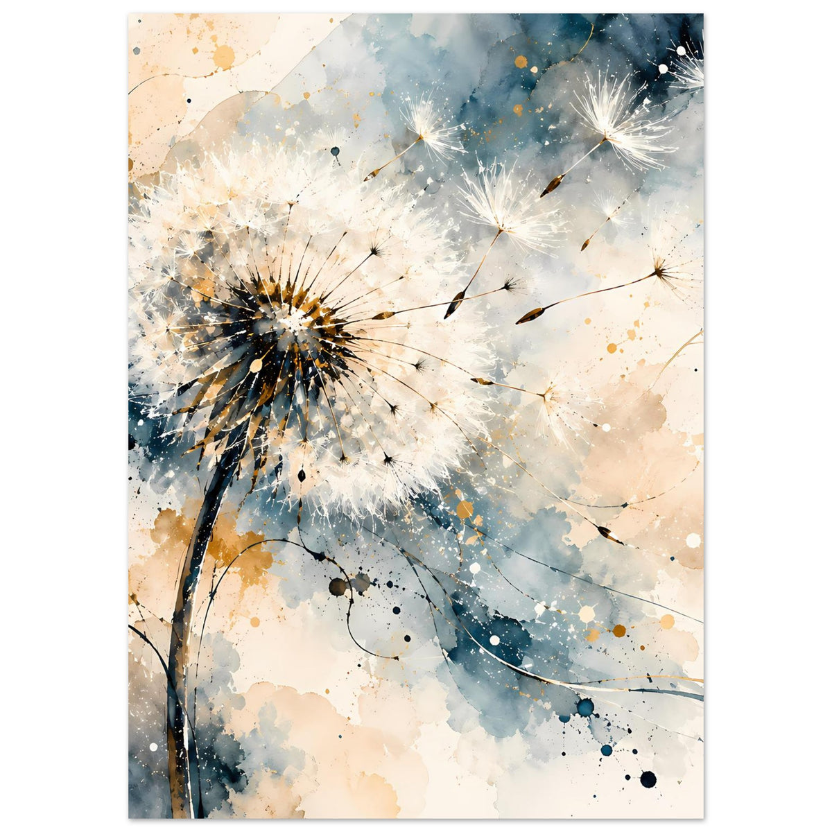 Kunstposter mit Pusteblume und schimmernden Samen, blaue Akzente und Goldtupfer