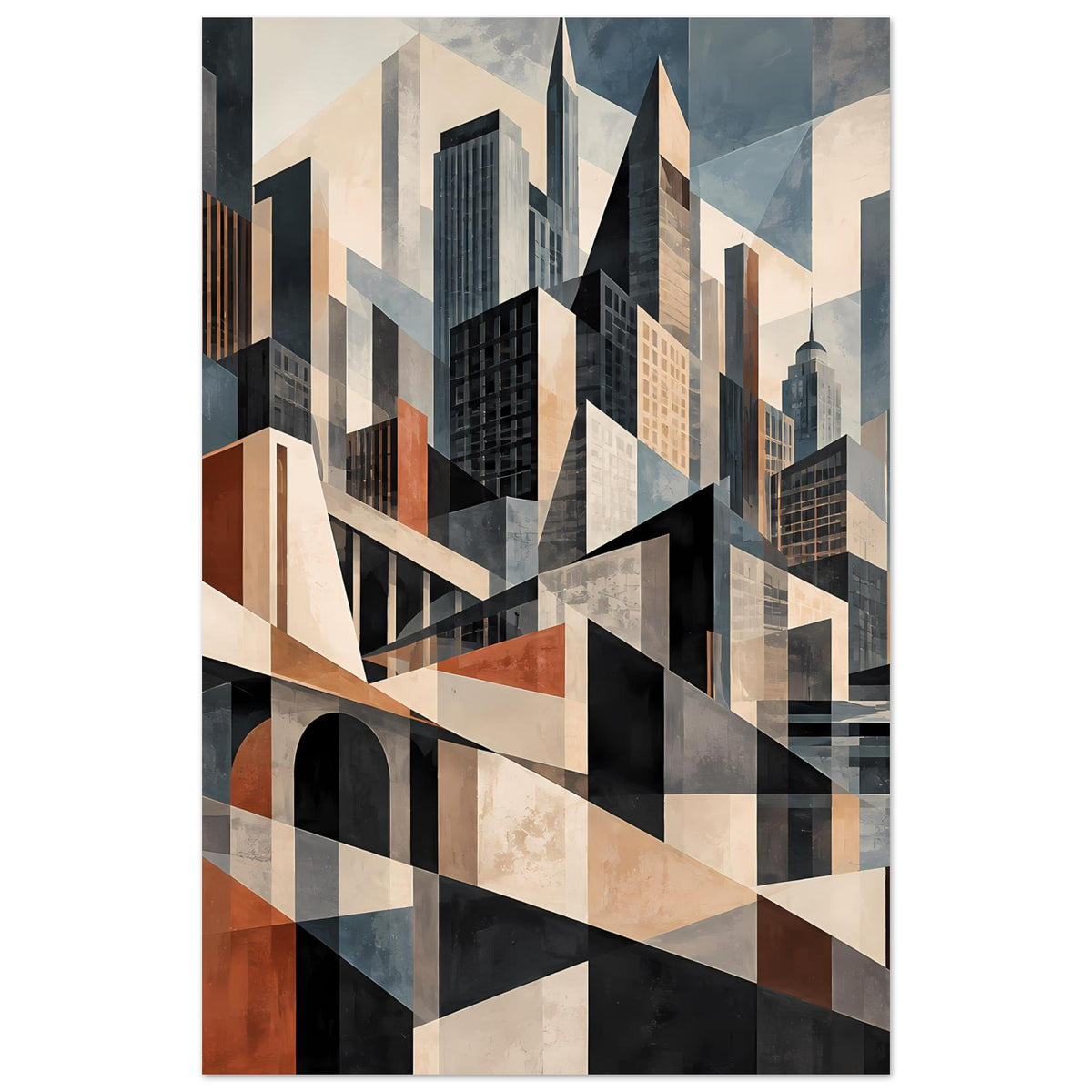 Architekturposter im Hochformat mit geometricher Stadtansicht, Brücke und Hochhäusern in Blau- und Brauntönen