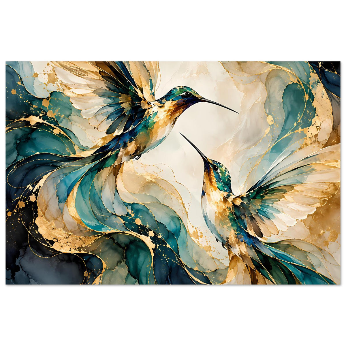 Vogelposter mit zwei schwebenden Kolibris, blaugrüne und goldene Farbakzente