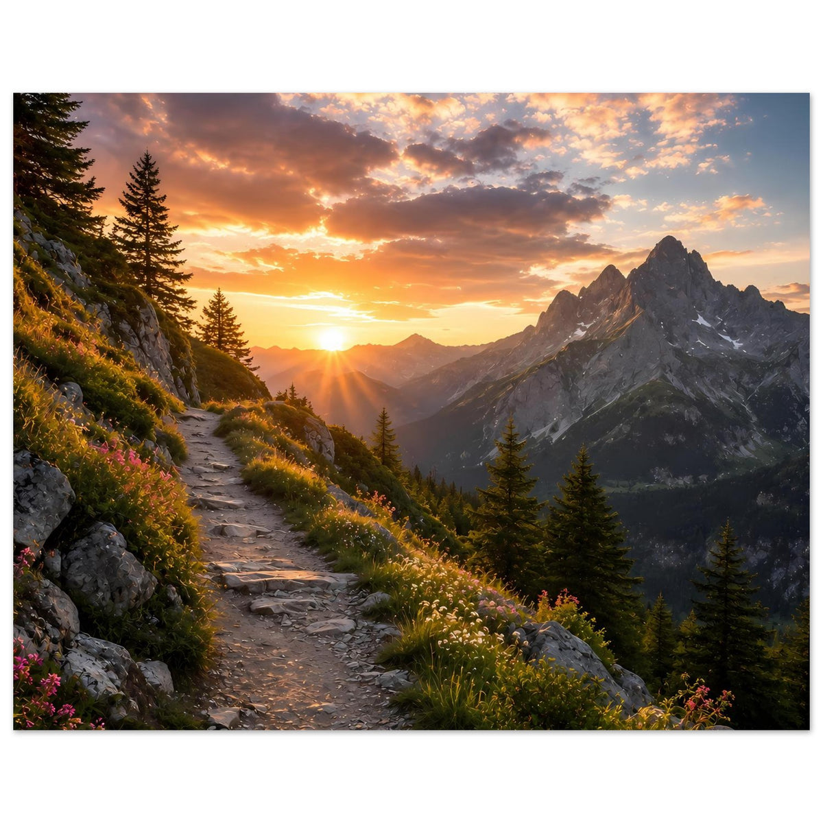Berglandschafts-Poster im Querformat mit Sonnenaufgang, Tannental und markantem Gipfel