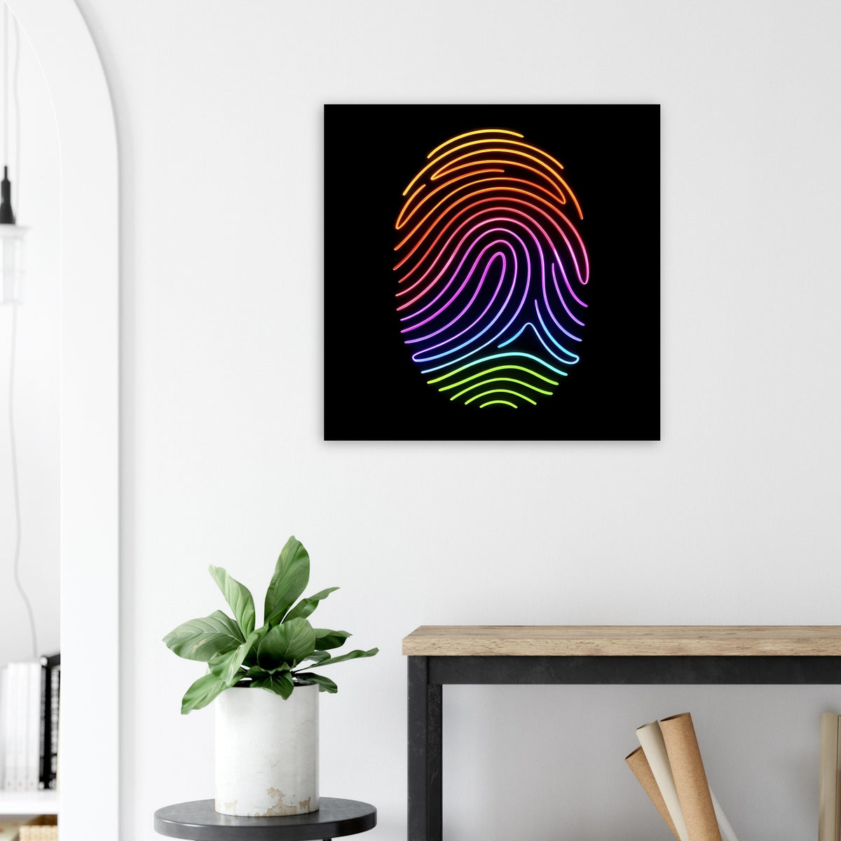 Neonregenbogen-Fingerabdruck: quadratisches Poster mit farbigen Linien auf Schwarz.