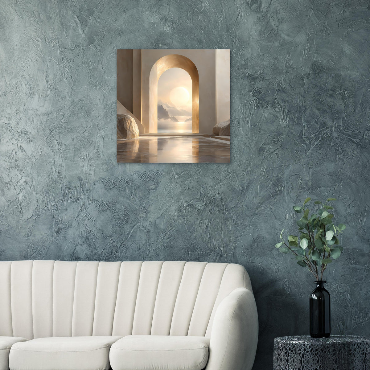 Quadratisches Wandposter zeigt goldenen Torbogen und Sonnenuntergang über ruhigem Wasser