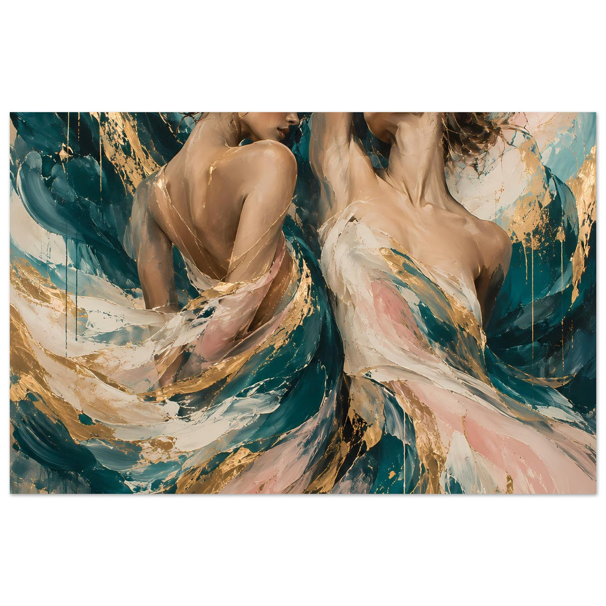 Horizontales Kunstposter mit zwei weiblichen Figuren, abstrakten Pinselstrichen in Türkis, Rosa