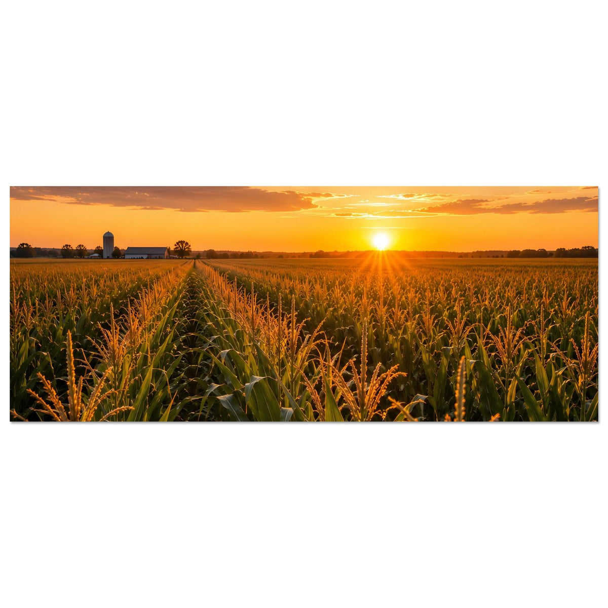 Horizontales Poster mit Sonnenuntergang über Maisfeld, goldenes Licht, grüne Ähren