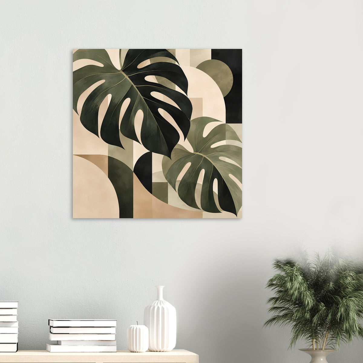 Abstraktes Monstera-Blätter-Poster, quadratisch, Dunkelgrün- und Beige-Blätter