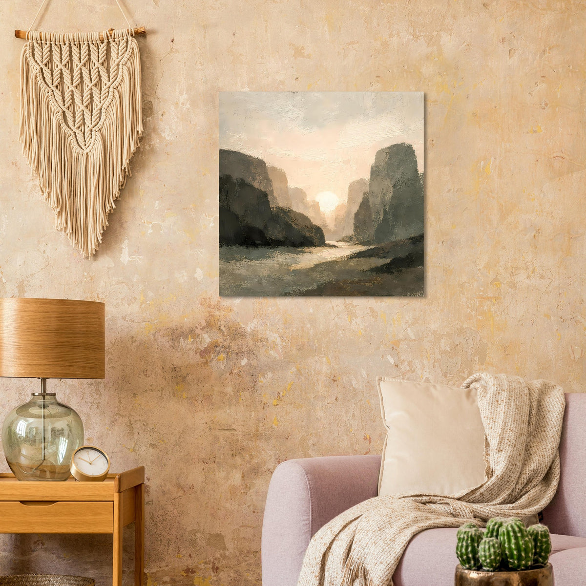 Gerahmtes Wandposter mit Landschaft: Felsschlucht, Flusslauf und heller Sonnenuntergangshimmel.