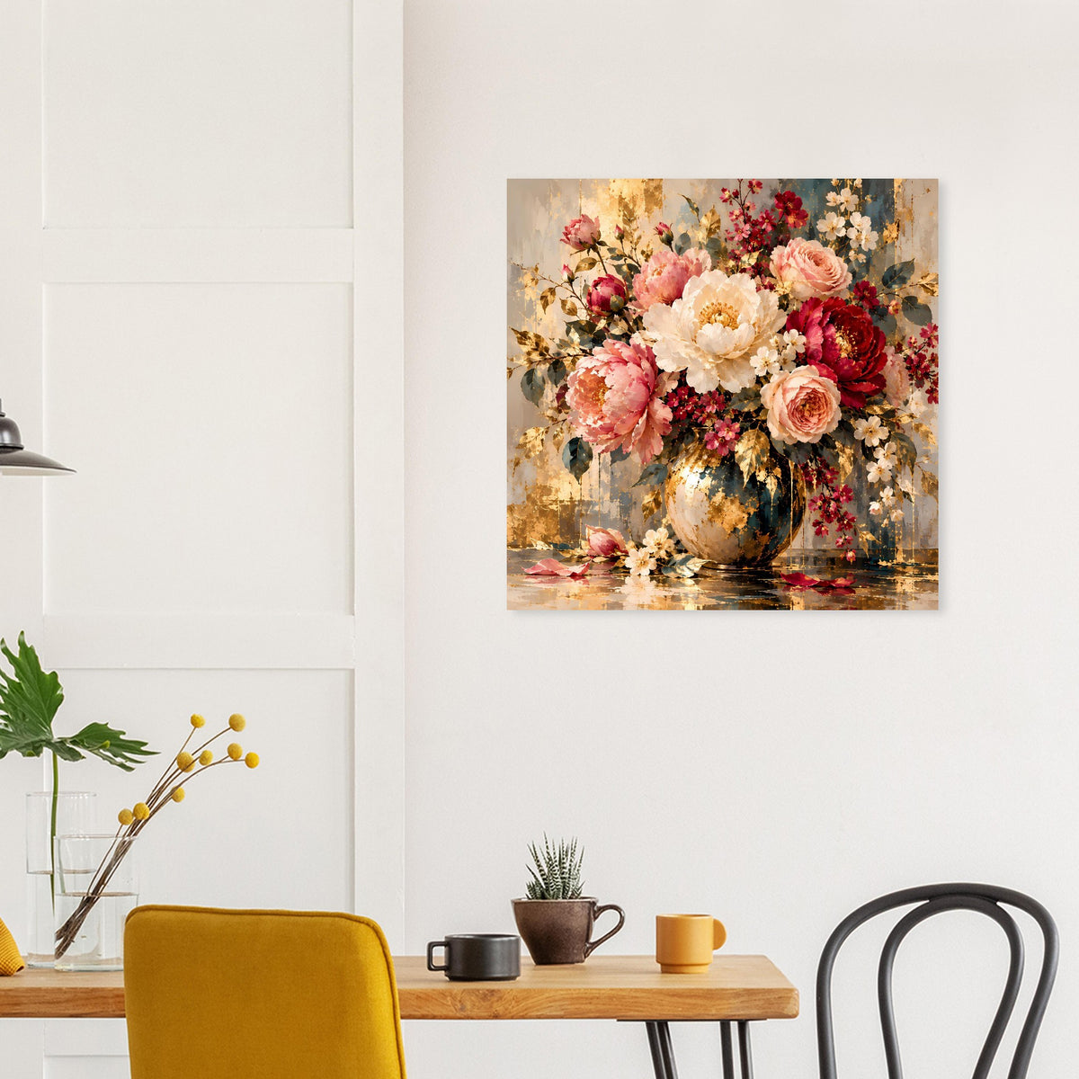 Blumenposter mit Floralarrangement in Vase, kräftige Rottöne, Pink und Beigetöne.
